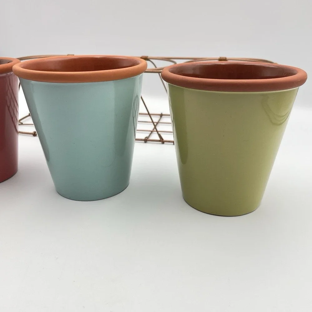 Bath &‎ Body Works Ceramic Flower Pots Planters Set of 3 w/ Metal Wire Caddy